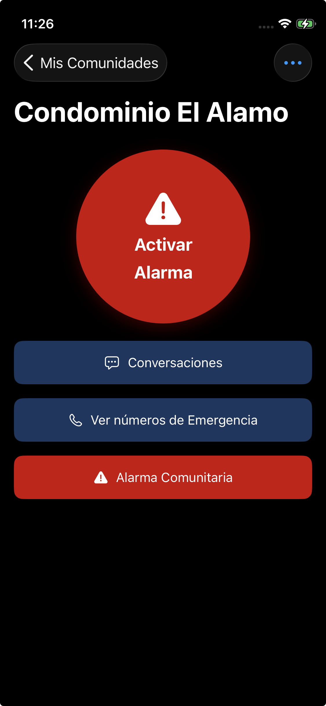 Pantalla de activar alarma de Tu Comunidad Segura